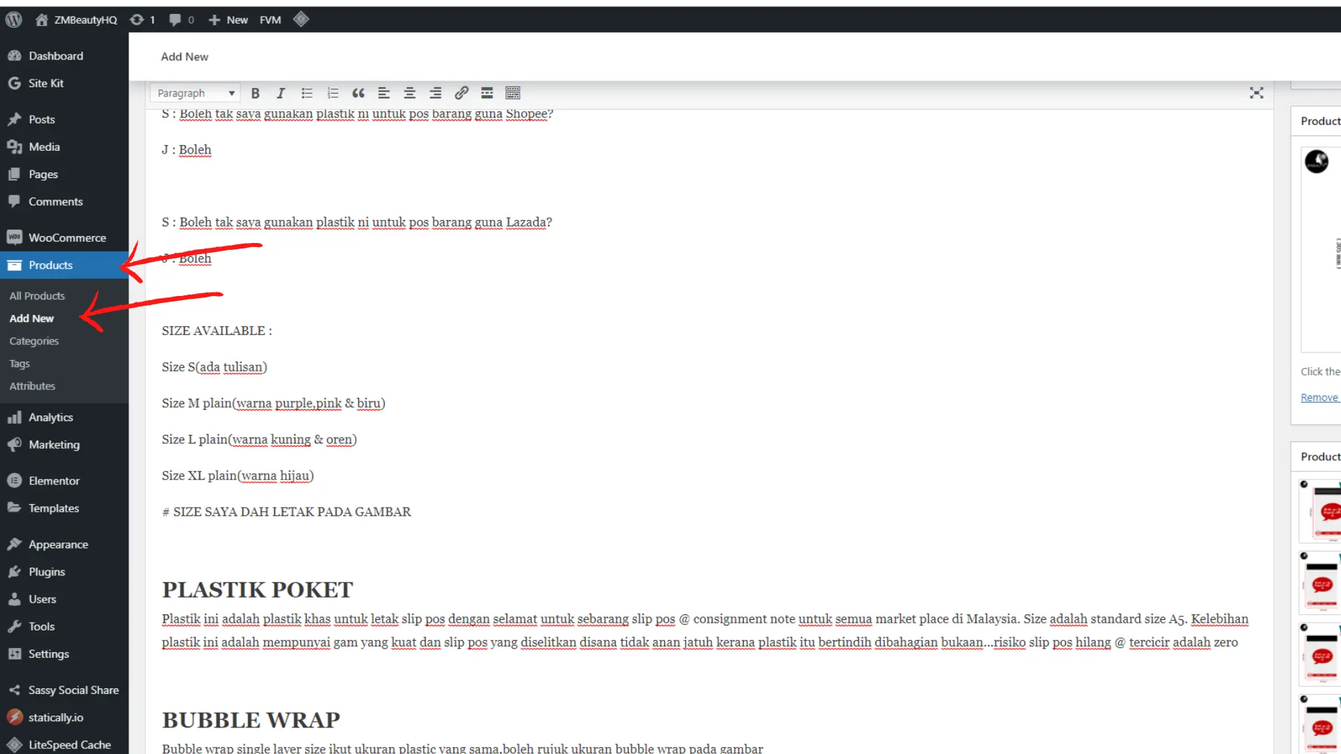 Langkah memasukkan barangan baharu di dalam sistem untuk Tutorial Cara Buat Lebih Dari Satu Variasi Produk Di WordPress.