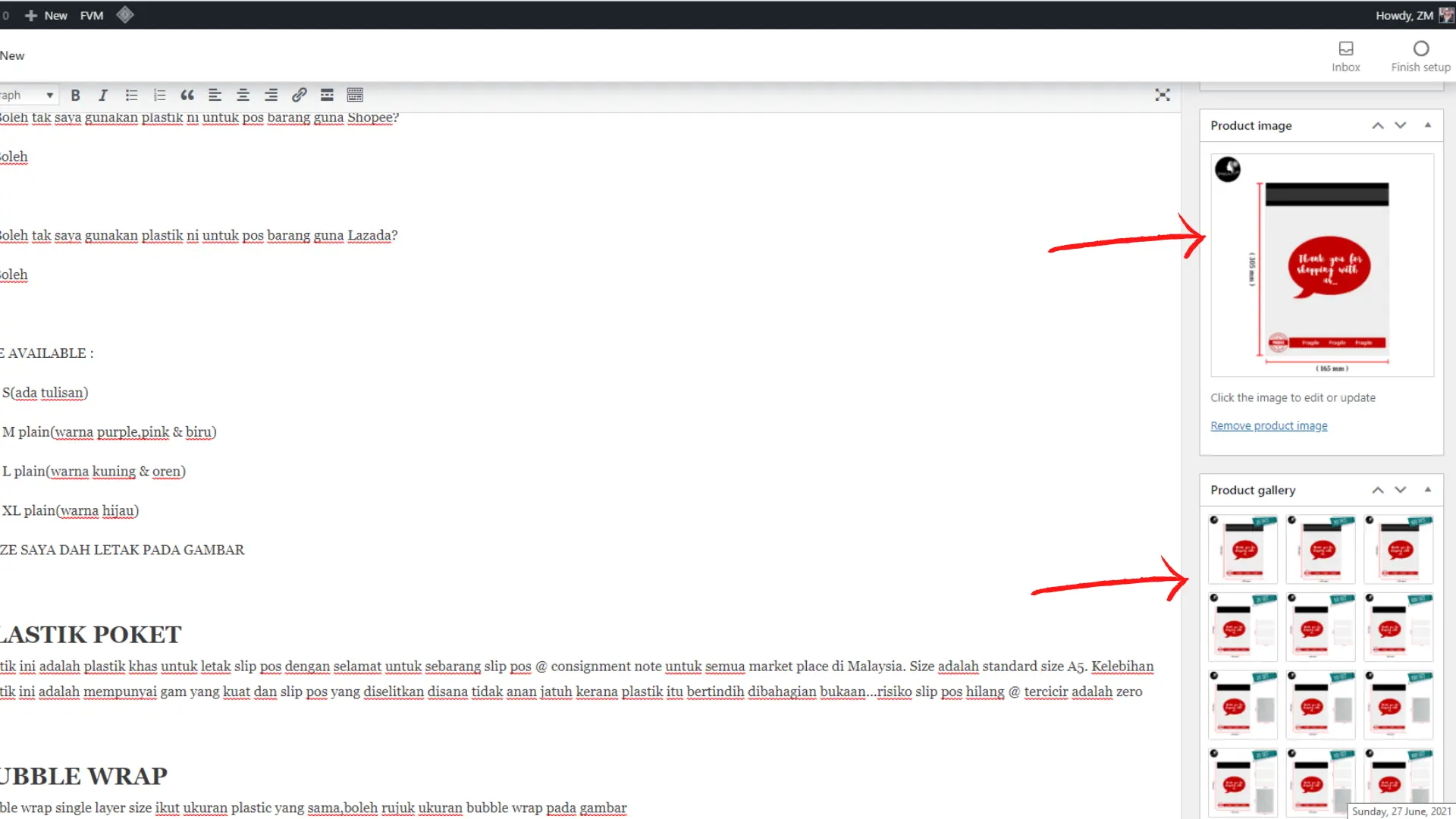 Memasukkan gambar galeri produk bagi melengkapkan Tutorial Cara Buat Lebih Dari Satu Variasi Produk Di WordPress.