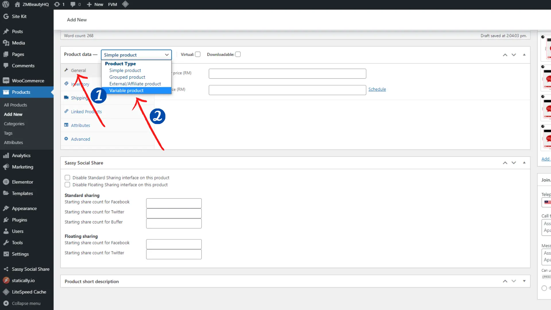 Menukar status pengurusan data kepada jenis barangan boleh ubah dalam Tutorial Cara Buat Lebih Dari Satu Variasi Produk Di WordPress.
