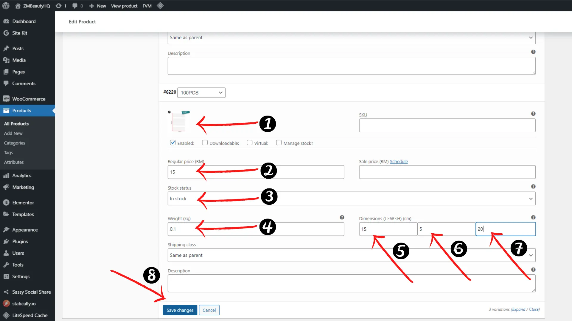 Pengisian harga dan maklumat stok bagi setiap pilihan Cara Buat Variasi Produk Di WordPress.