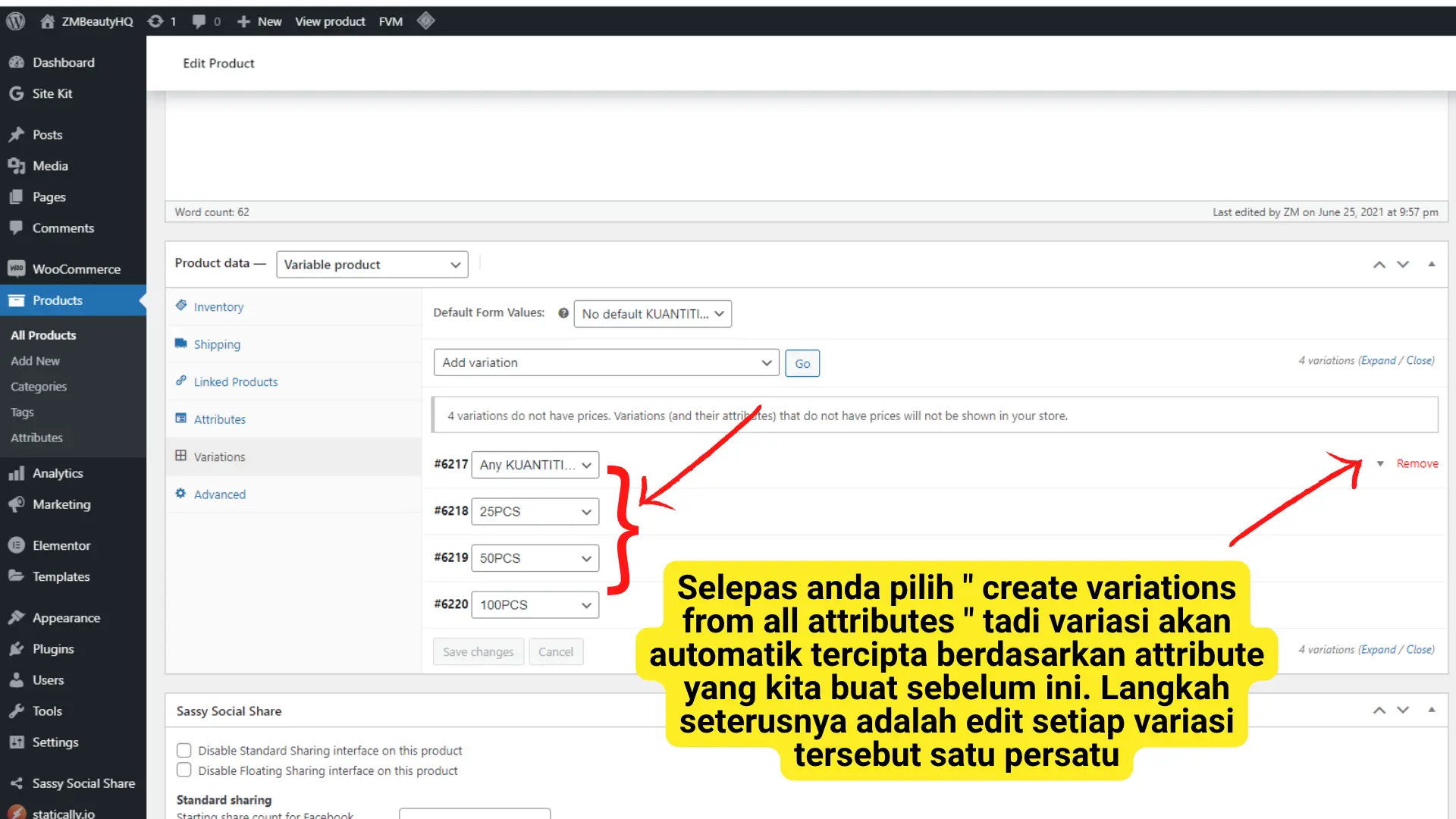 Langkah menjana pilihan barangan secara automatik dalam tutorial Cara Buat Variasi Produk Di WordPress.