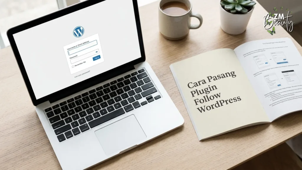 Paparan reka bentuk mockup komputer riba moden di atas meja kerja yang menjadi gambar hiasan utama untuk artikel Cara Pasang Plugin Follow WordPress.