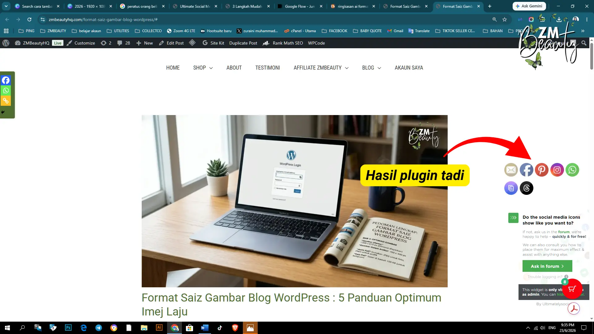 Paparan hasil keaktifan simulasi ikon media sosial di muka hadapan web hasil Cara Pasang Plugin Follow WordPress.