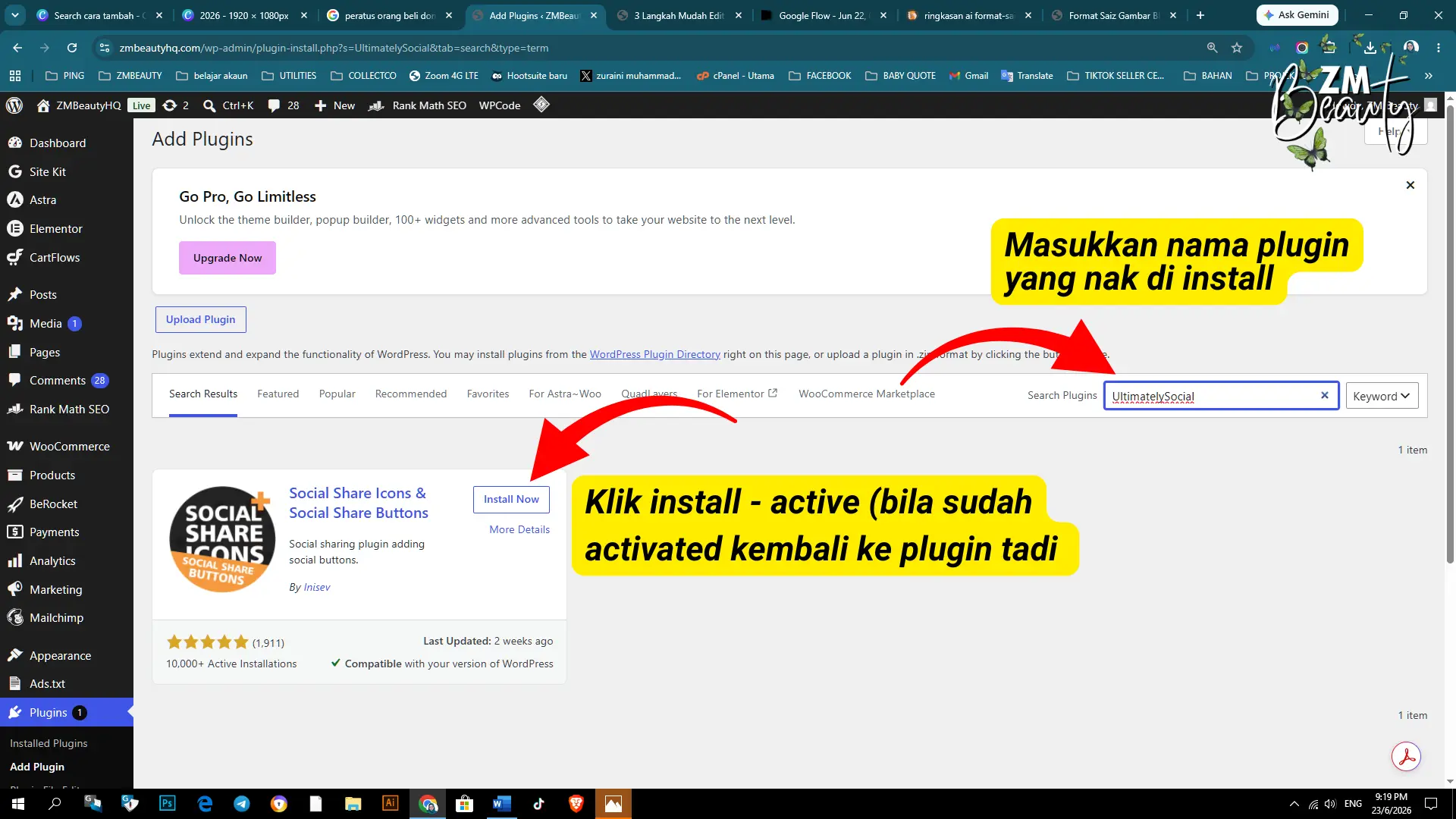 Langkah memilih jenis ikon media sosial dan memasukkan pautan url profil dalam siri Cara Pasang Plugin Follow WordPress.