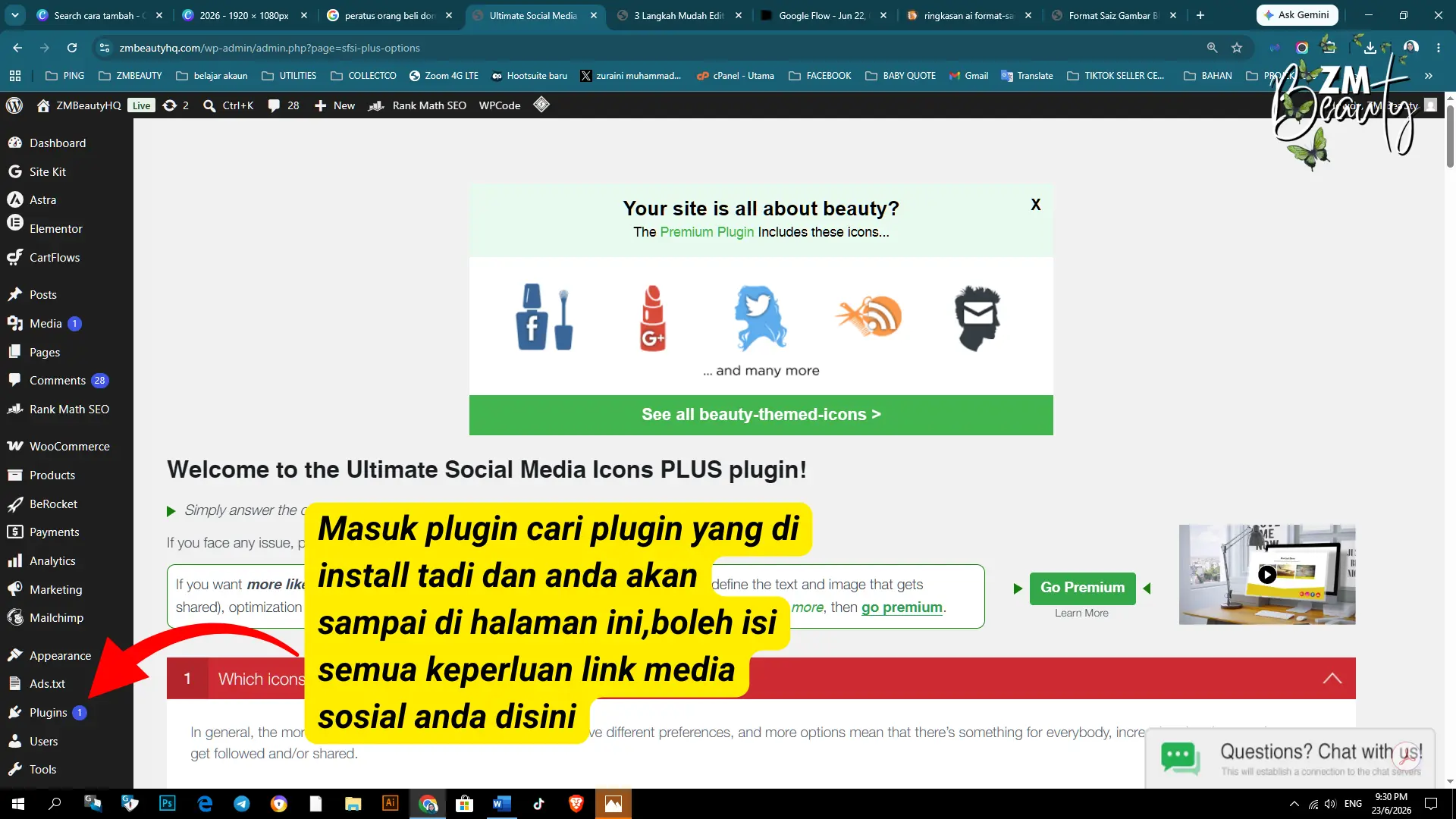 Konfigurasi menetapkan kedudukan perisian UltimatelySocial di lajur tepi melalui panduan Cara Pasang Plugin Follow WordPress.