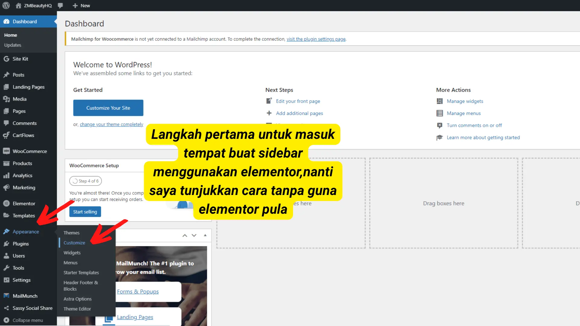 Pintu masuk utama sistem penyuntingan visual untuk langkah 3 Langkah Mudah Pasang Side Bar Di WordPress.