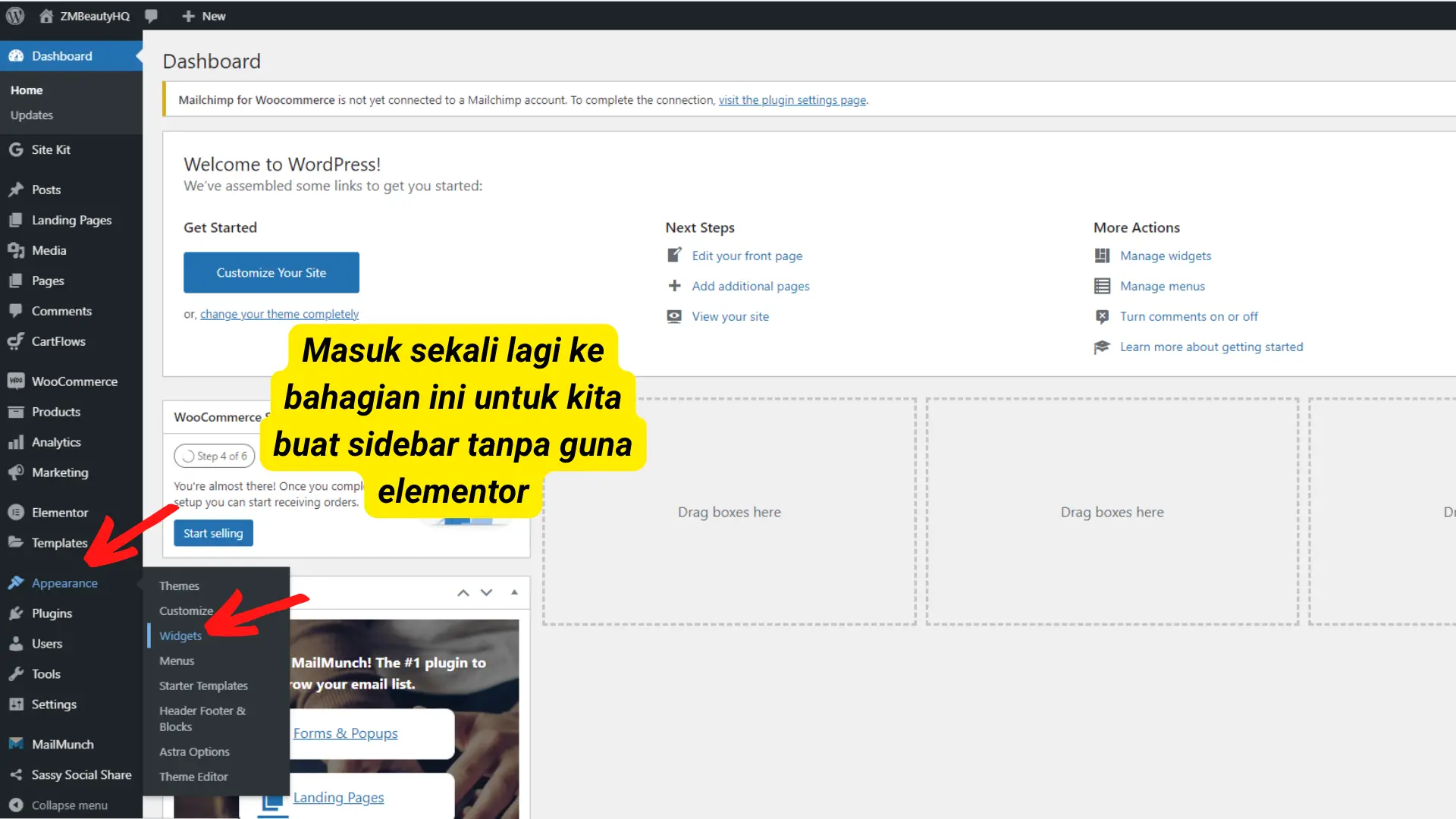 Pintu masuk utama sistem penyuntingan visual untuk langkah 3 Langkah Mudah Pasang Side Bar Di WordPress.