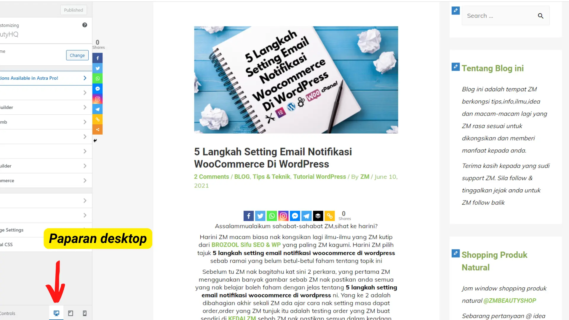 Semakan hasil simulasi keaktifan peranti responsif selepas selesai 3 Langkah Mudah Pasang Side Bar Di WordPress.