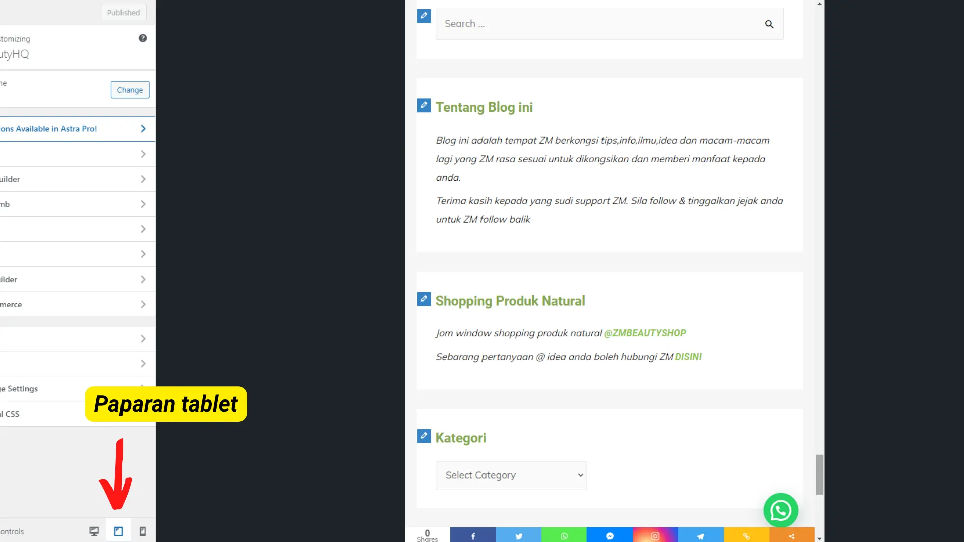 Semakan hasil simulasi keaktifan peranti responsif selepas selesai 3 Langkah Mudah Pasang Side Bar Di WordPress.