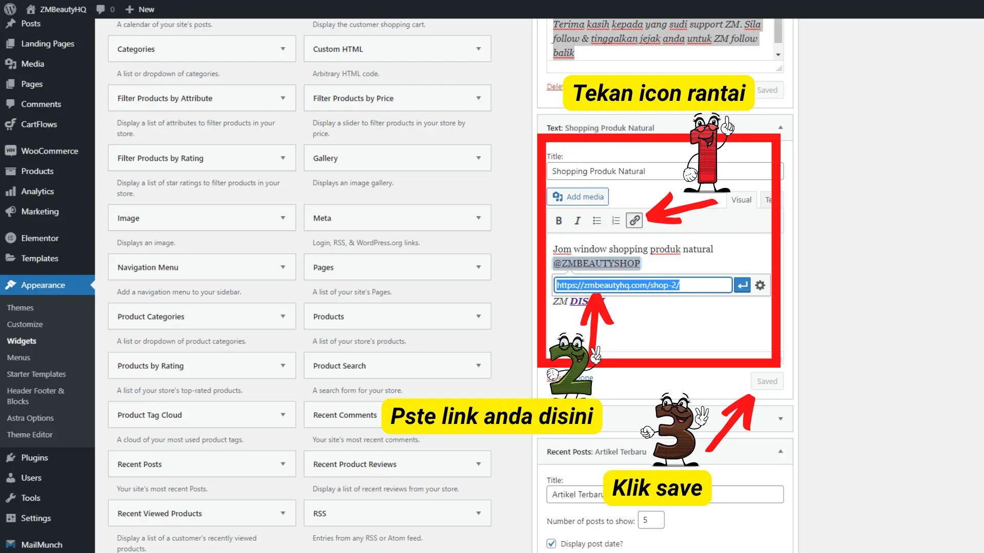 Langkah mengedit butiran kandungan teks maklumat dalam 3 Langkah Mudah Pasang Side Bar Di WordPress.