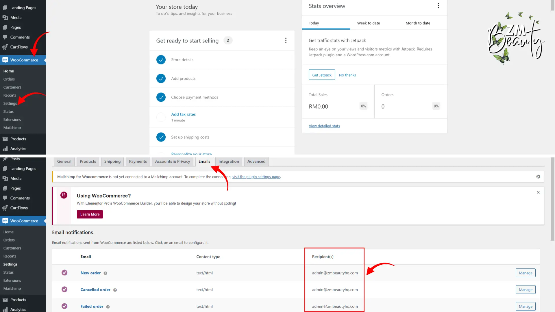 Konfigurasi mengunci pautan alamat emel pesanan di menu Cara Setting Email Notifikasi Woocommerce.