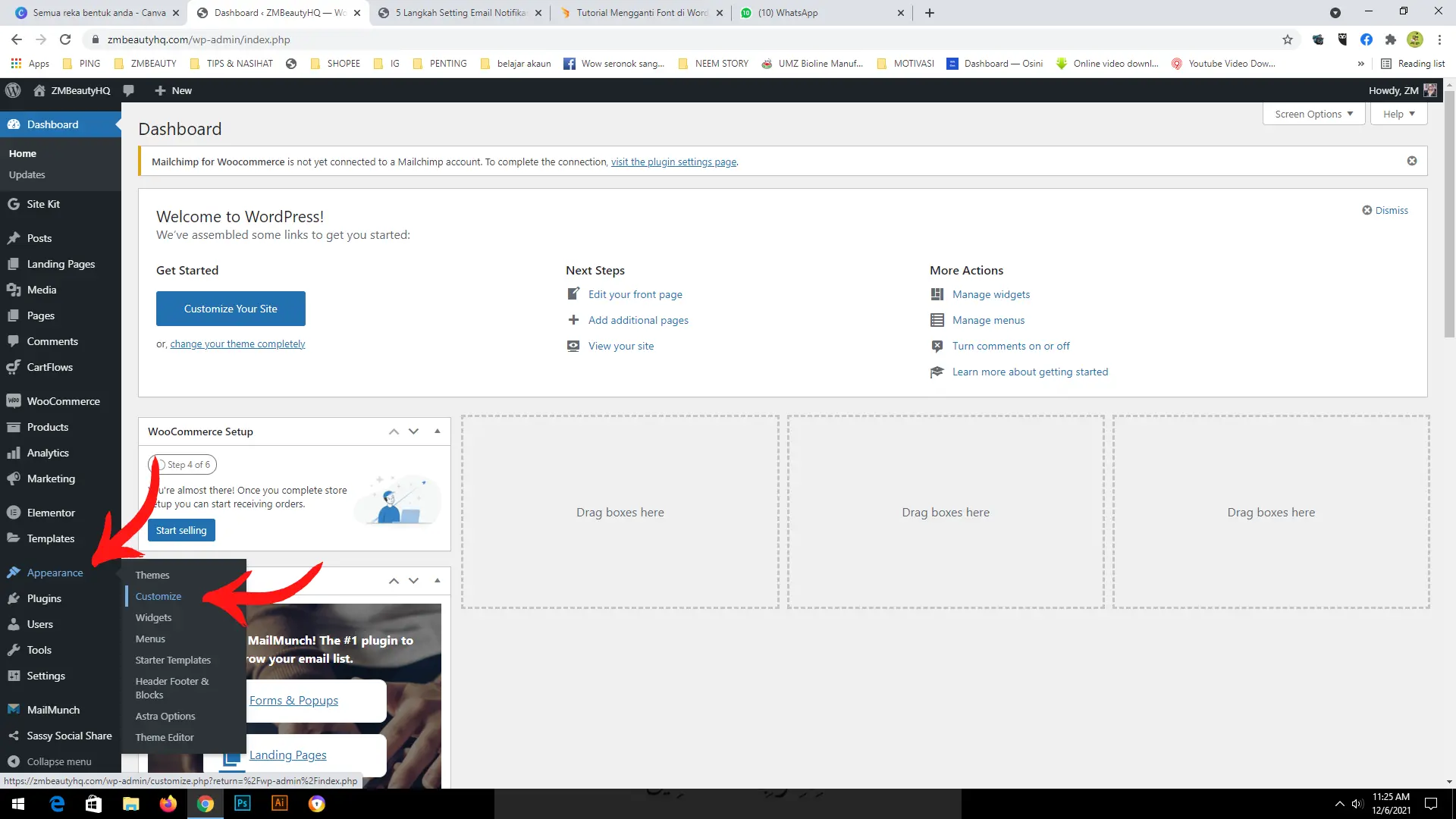 Pintu masuk utama sistem penyuntingan visual untuk langkah Tutorial Cara Mudah Menukar Font Di WordPress.