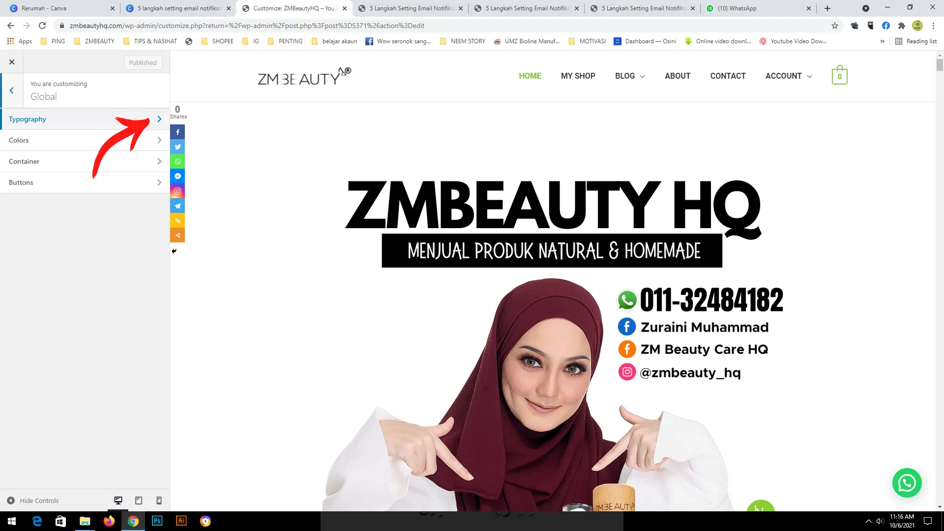 Pembukaan pilihan menu global pelayan bagi panduan Tutorial Cara Mudah Menukar Font Di WordPress.