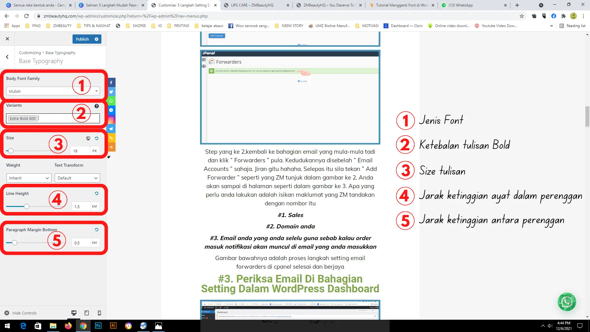 Konfigurasi merapatkan jarak perenggan teks bagi Tutorial Cara Mudah Menukar Font Di WordPress.