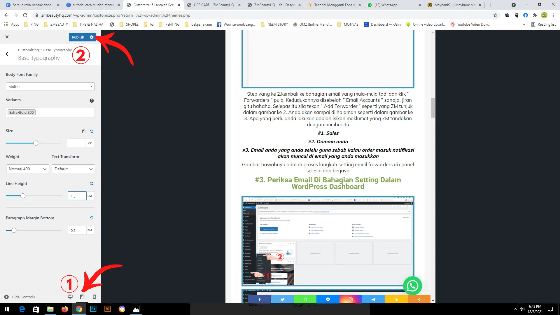 Konfigurasi merapatkan jarak perenggan teks bagi Tutorial Cara Mudah Menukar Font Di WordPress.