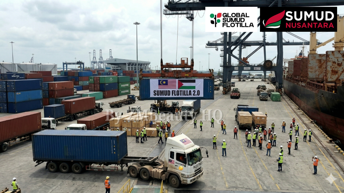 Latihan Intensif Sukarelawan Sumud Nusantara- persediaan barang bantuan disusun di dalam kapal dengan rapi