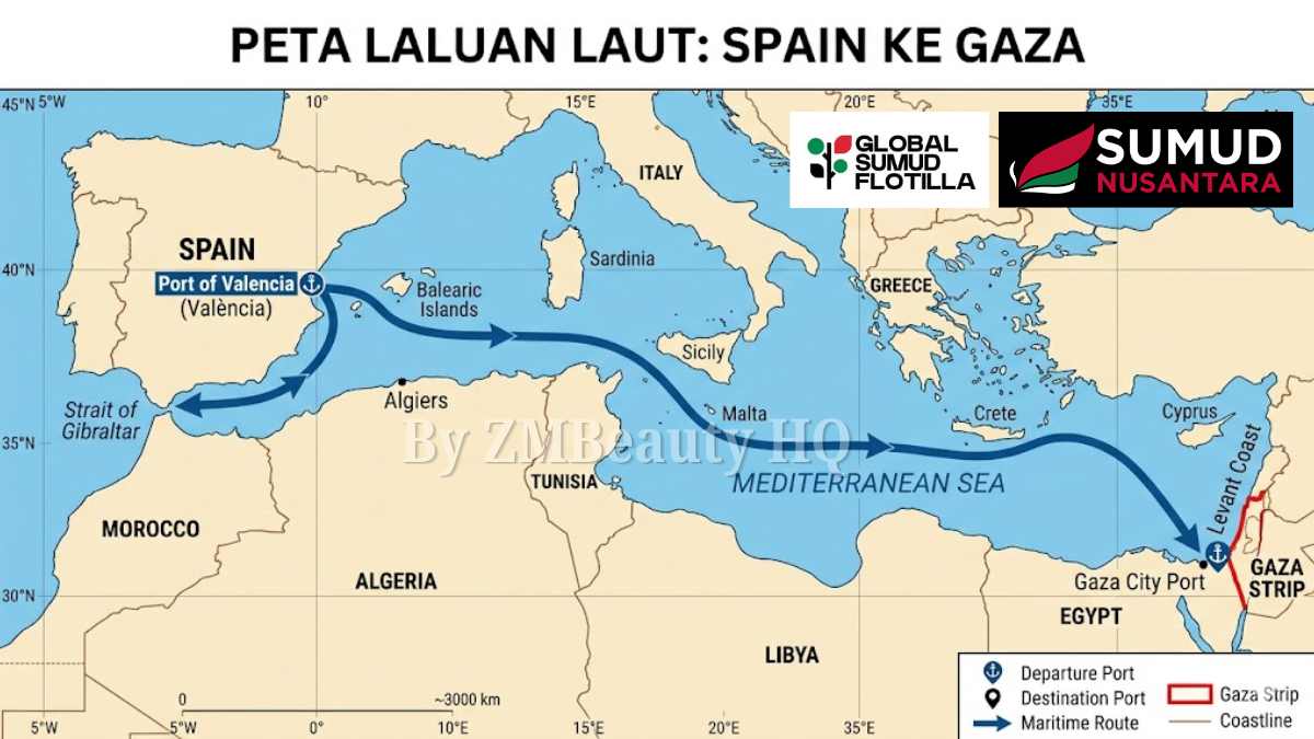 Laluan pelayaran misi Sumud Flotilla dari Barcelona ke pelabuhan Gaza.