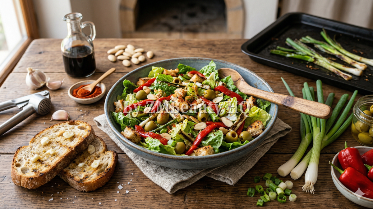 Hidangan Salad Sepanyol dengan romaine, pimiento, dan roti bawang putih.