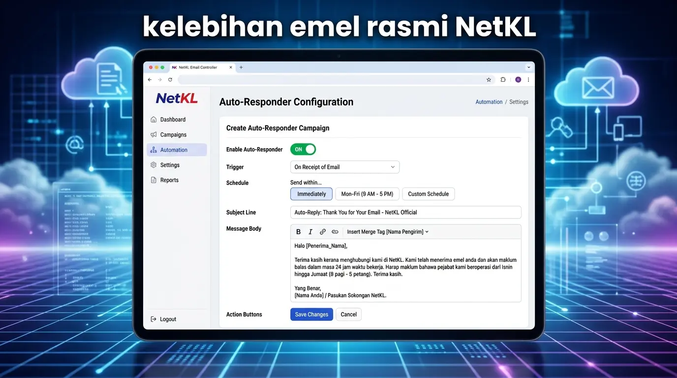 Konfigurasi tetapan fungsi sistem balasan mesej automatik bagi usahawan dalam siri kelebihan emel rasmi NetKL.