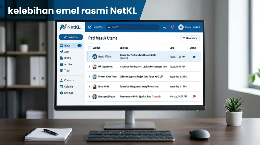 Paparan antaramuka akaun surat menyurat digital korporat yang memperlihatkan kelebihan emel rasmi NetKL.