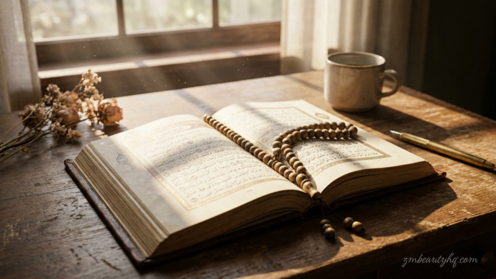 Buku nota agama terbuka di atas meja kayu bersebelahan tasbih sebagai panduan amalan pembuka pintu rezeki untuk usahawan.