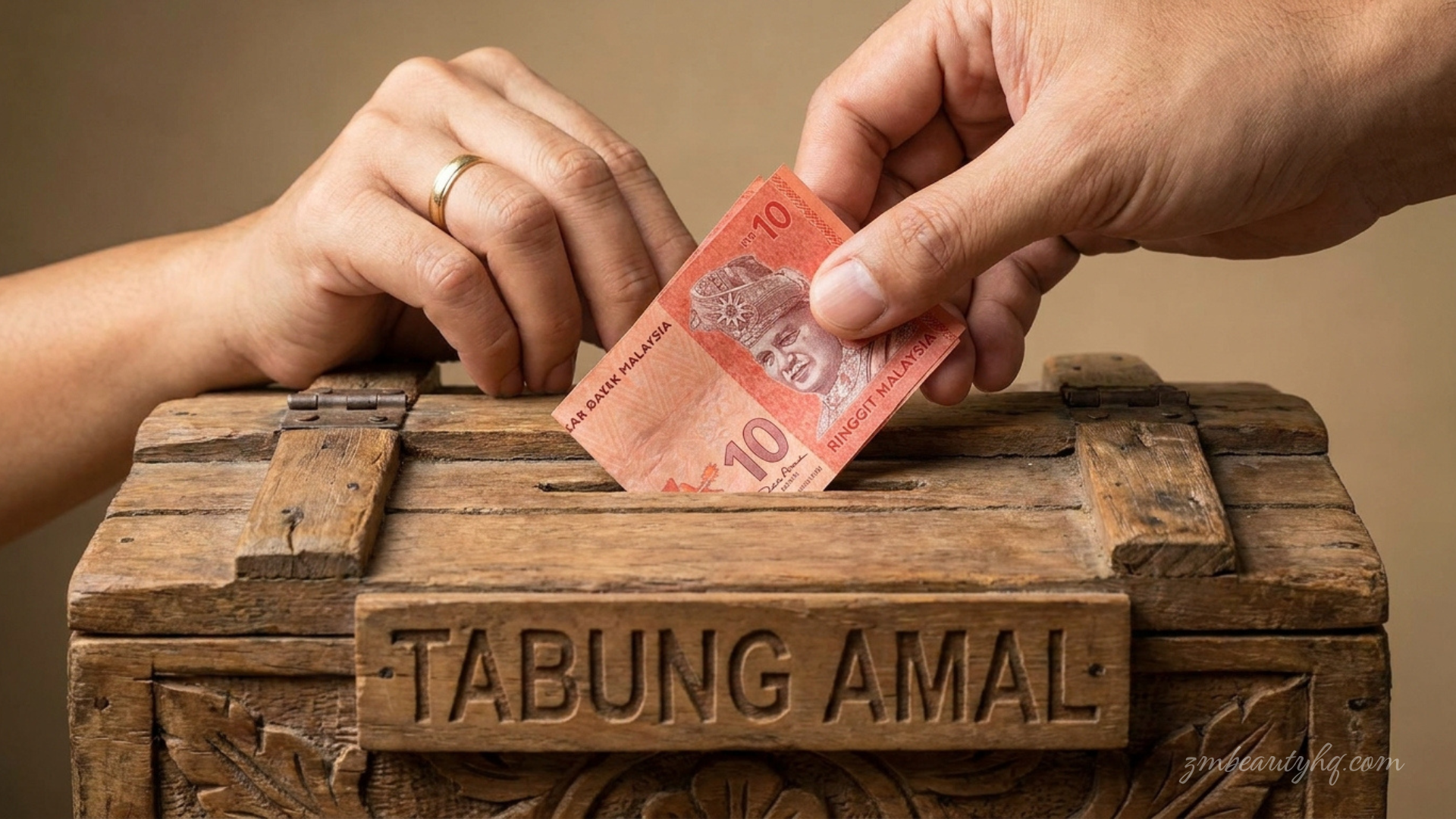 Proses memasukkan wang simpanan ke dalam tabung kayu sebagai amalan sedekah subuh untuk membersihkan keuntungan perniagaan.