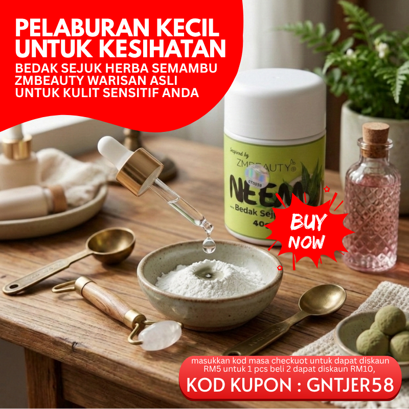 Banner promosi Bedak Sejuk Neem ZMBeauty warisan asli untuk melegakan kegatalan kulit lengkap dengan tawaran kod kupon diskaun.