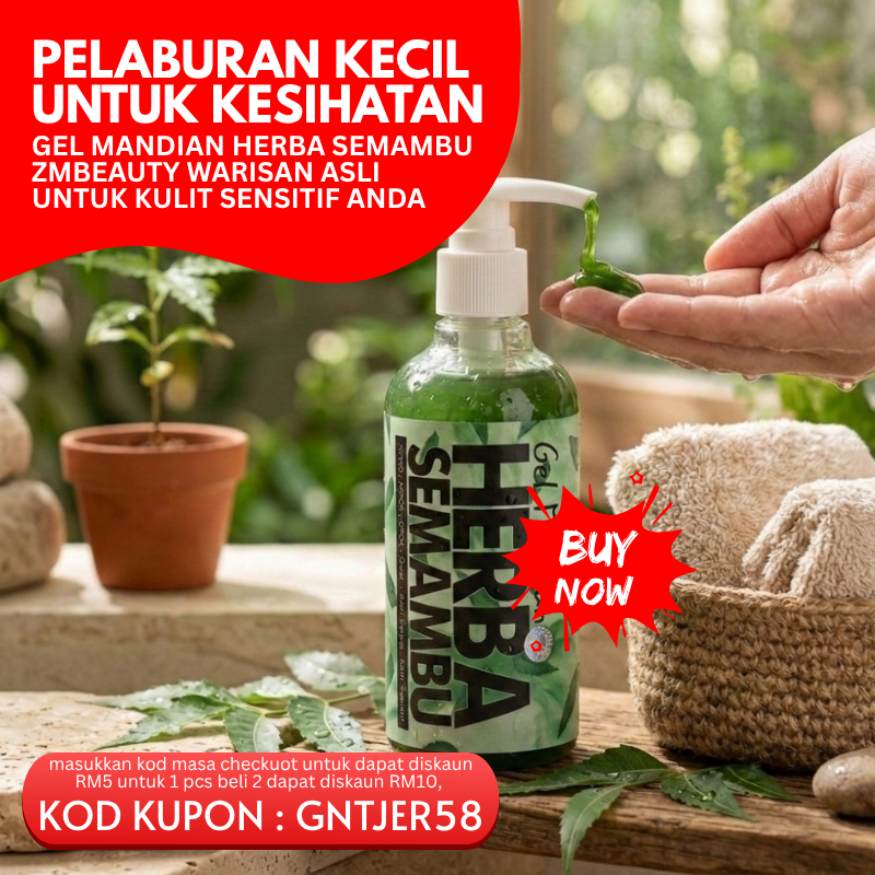 Banner promosi Gel Mandian Herba Semambu ZMBeauty warisan asli untuk kulit sensitif lengkap dengan kod kupon diskaun.
