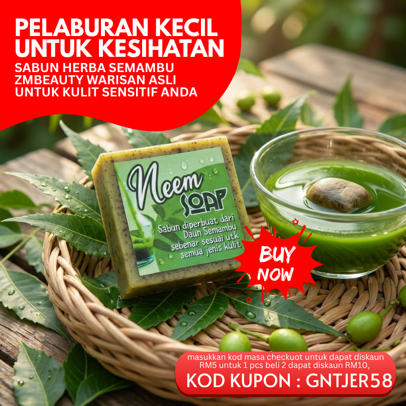Banner promosi Sabun Herba Semambu ZMBeauty Neem Soap asli untuk penjagaan kulit sensitif lengkap dengan kod kupon diskaun