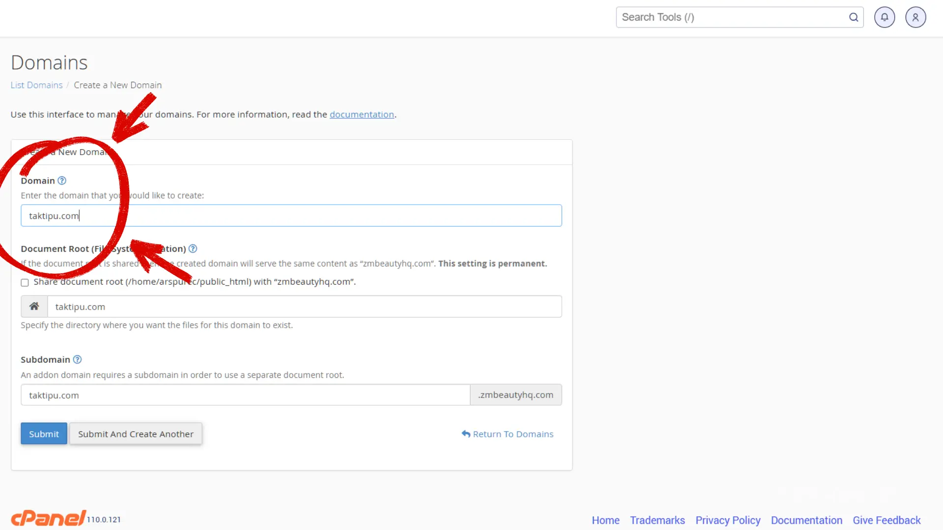 Langkah menaip nama alamat web baharu di dalam borang tutorial cara addon domain NetKL.