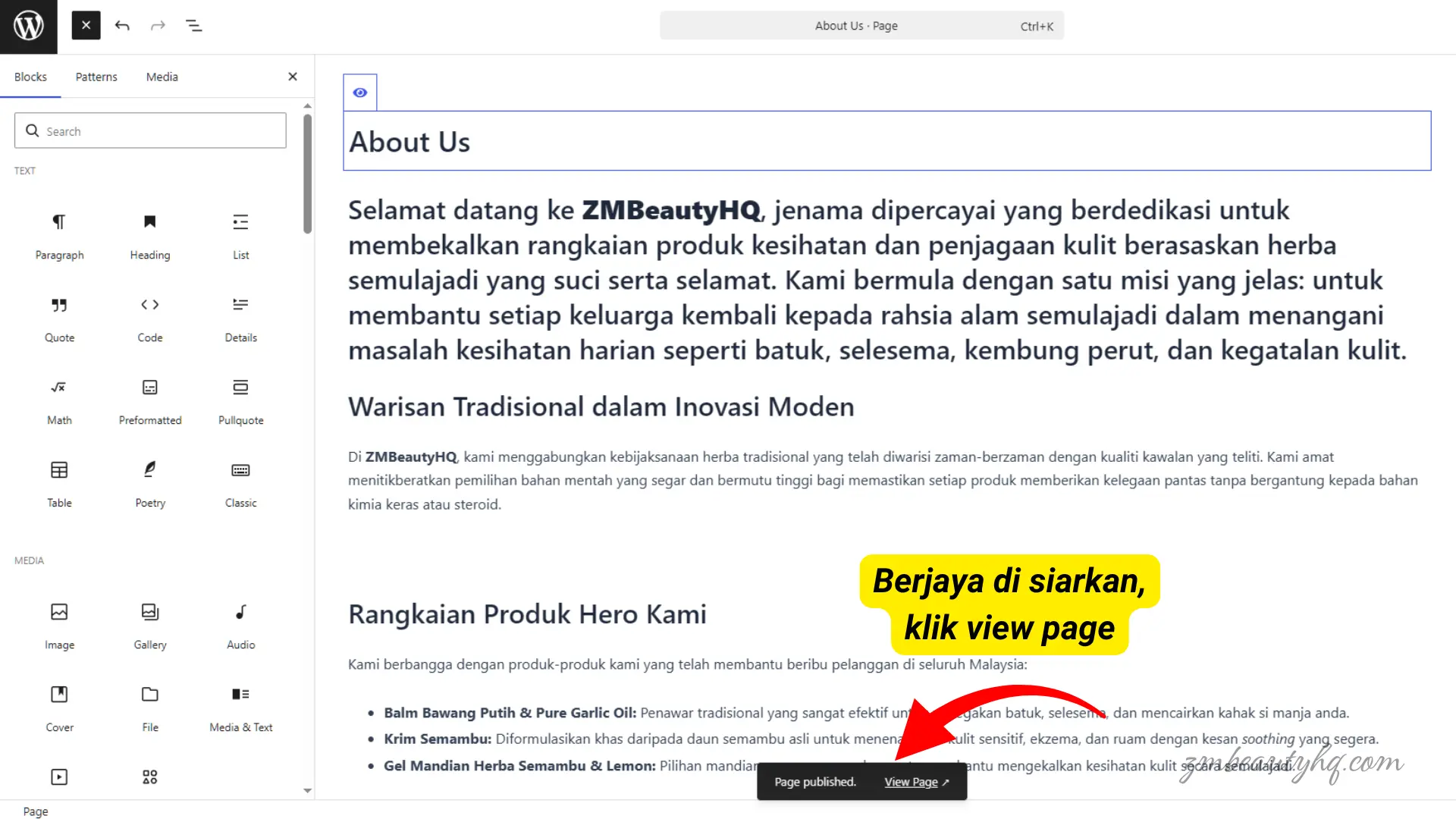 Notifikasi pengesahan hijau berjaya menerbitkan profil rasmi hasil bimbingan Cara Bina Halaman About Us WordPress NetKL.