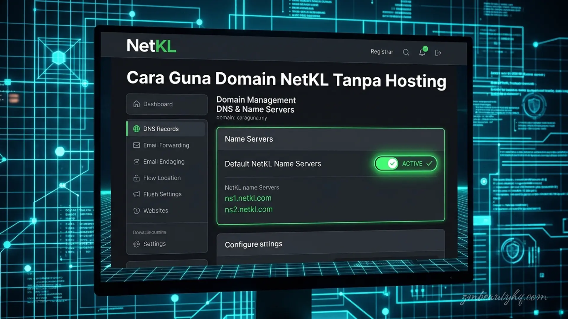Konfigurasi mengekalkan mod default Name Server pendaftar untuk melancarkan urusan cara guna domain NetKL tanpa hosting.