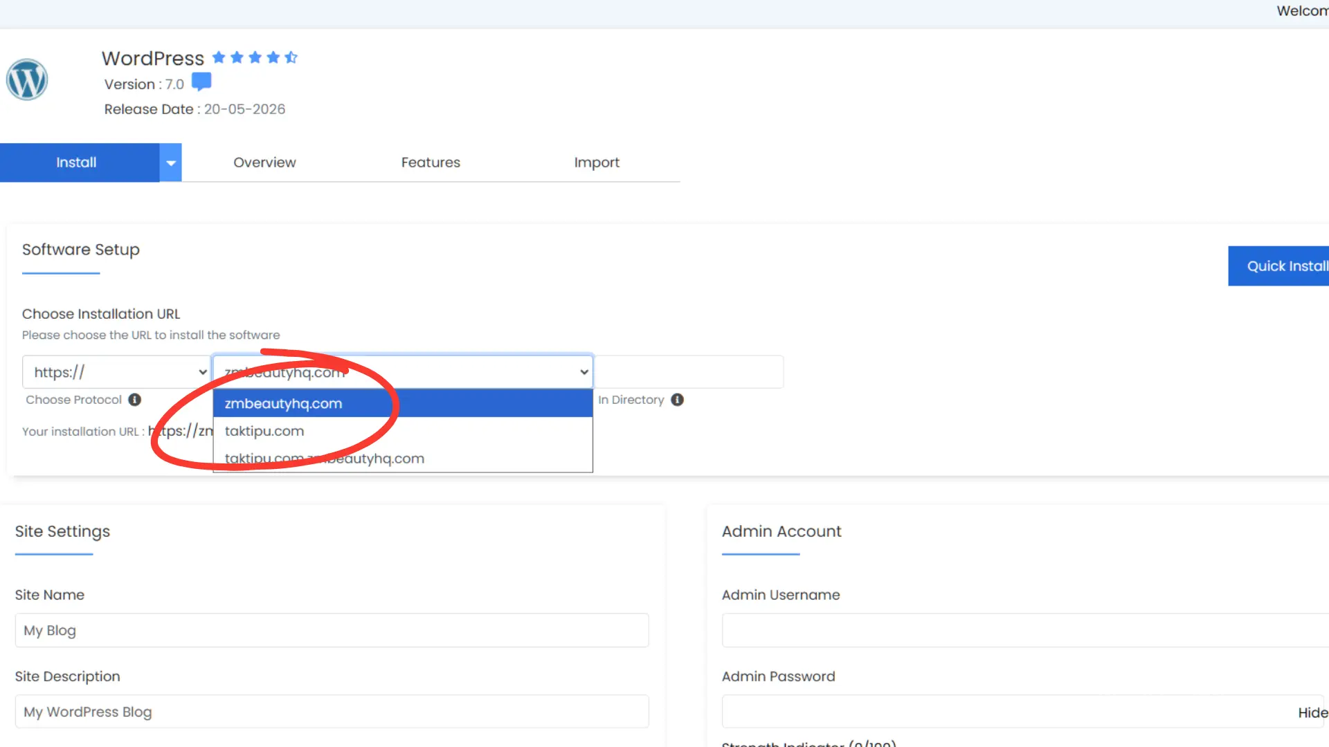 Pengisian data maklumat nama laman sesawang korporat bagi panduan cara install WordPress NetKL.