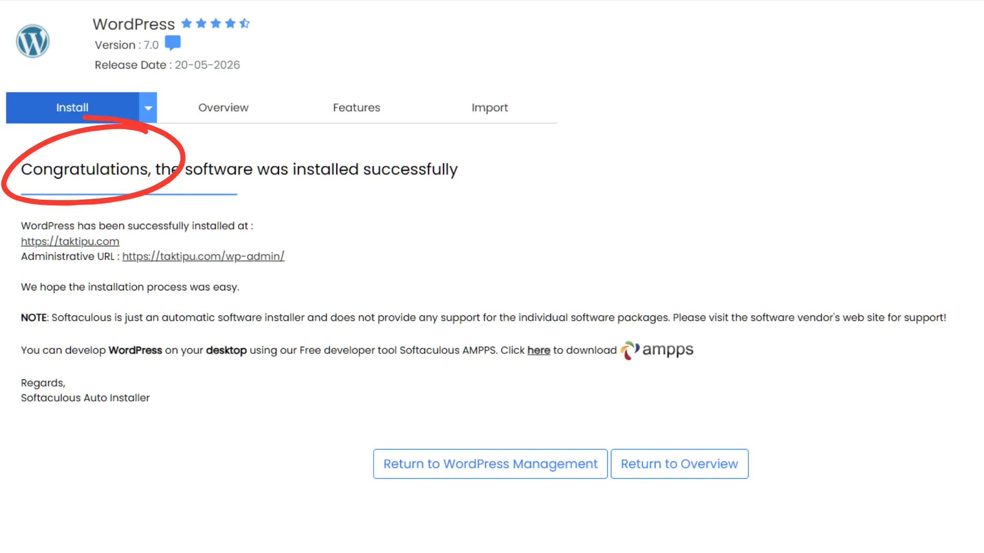Paparan mesej pengesahan berjaya selepas tamat proses cara install WordPress NetKL secara automatik