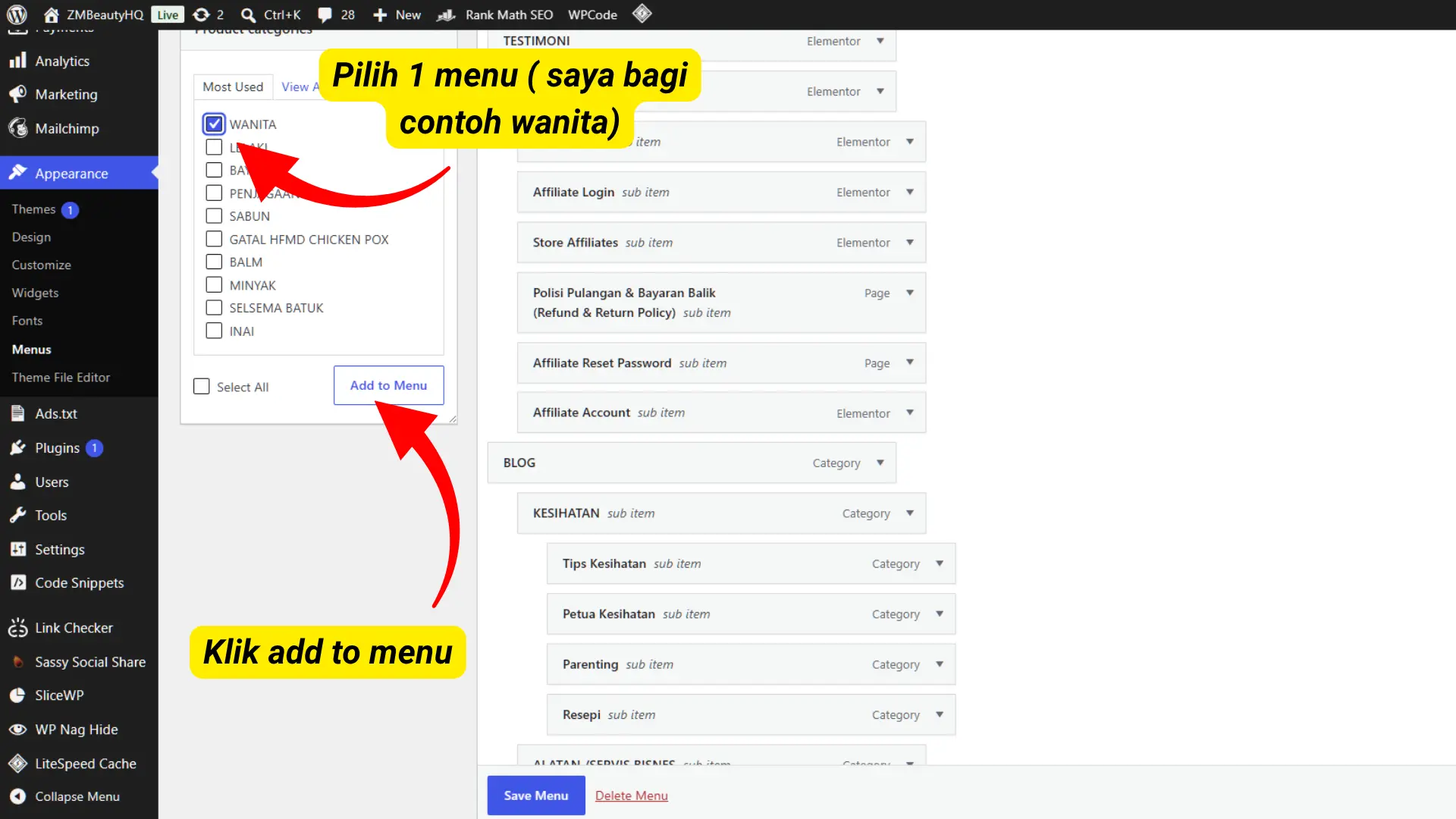 • Proses memilih kategori barangan bagi tujuan Cara Mudah Membuat Sub Menu Di WordPress.
