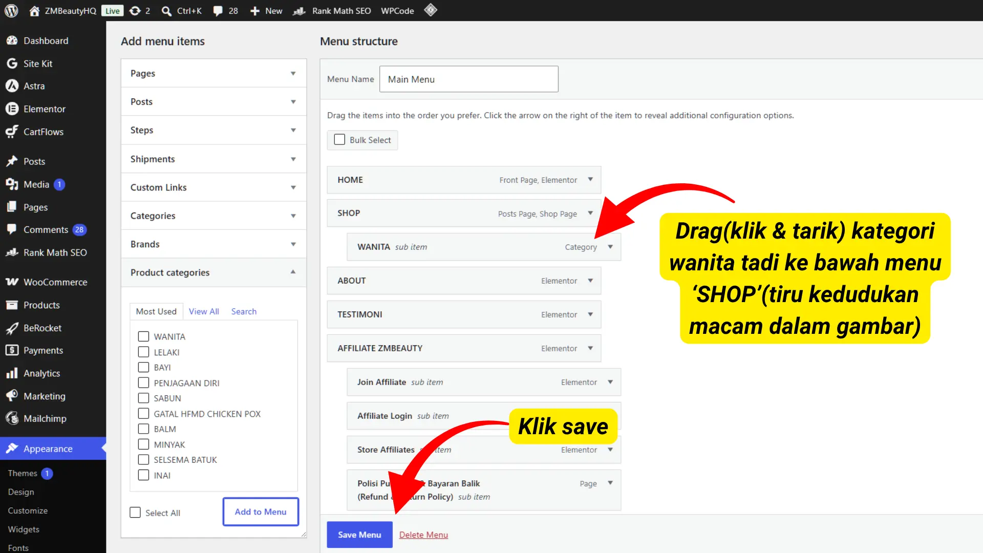 Prosedur menyeret susunan pautan bertingkat untuk tutorial Cara Mudah Membuat Sub Menu Di WordPress.
