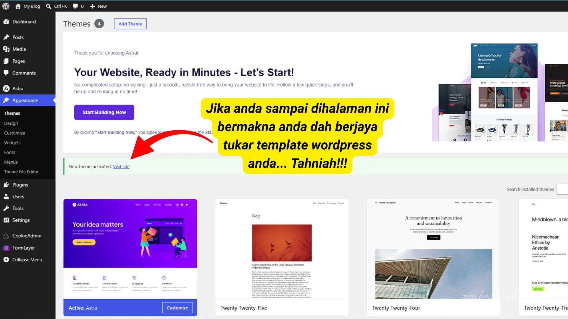 Notifikasi pengesahan status aktif template baharu hasil panduan Cara Tukar Tema WordPress NetKL.