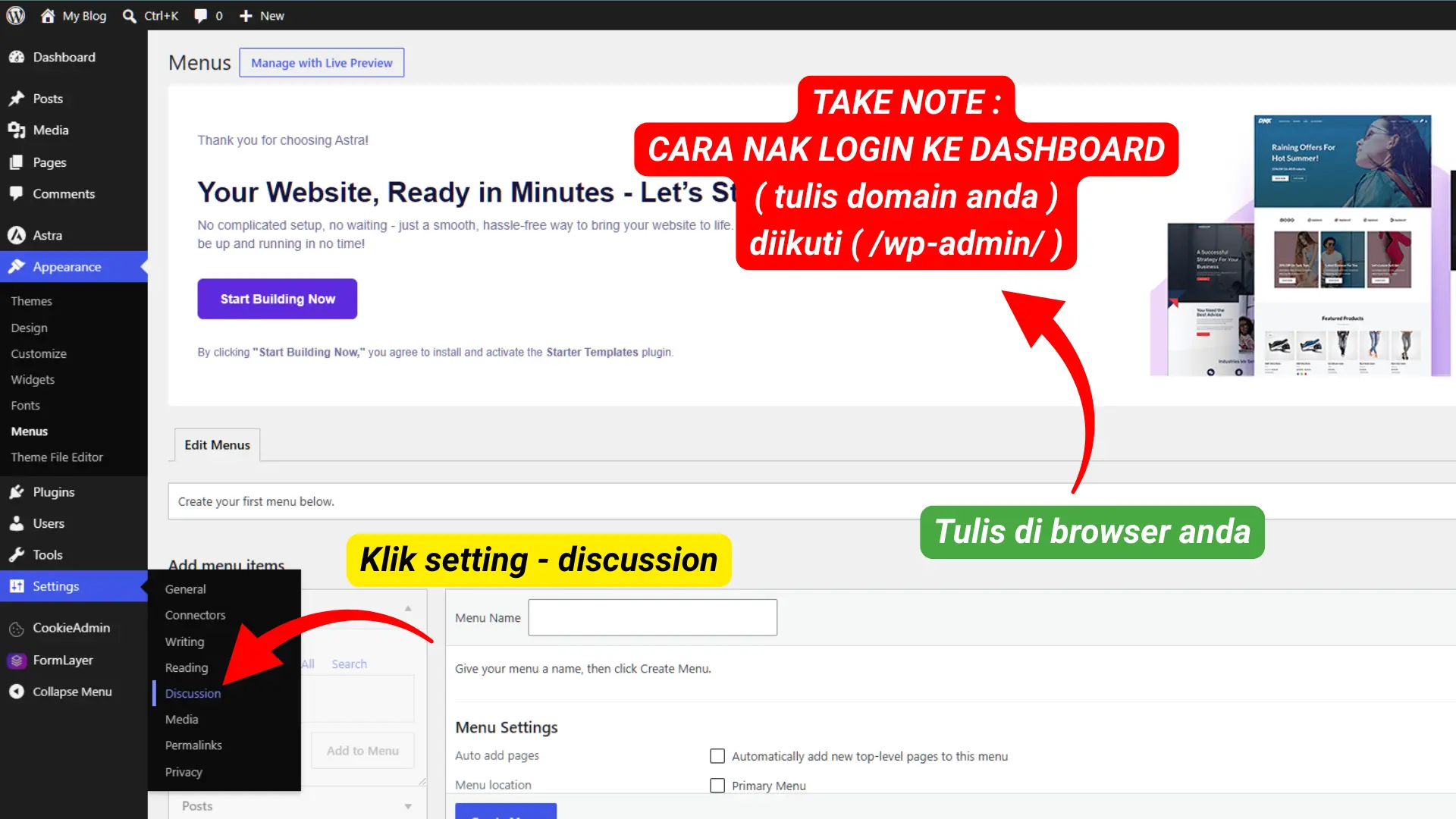 Pintu masuk utama sistem dashboard pentadbir untuk panduan Cara Tutup Komen WordPress NetKL.