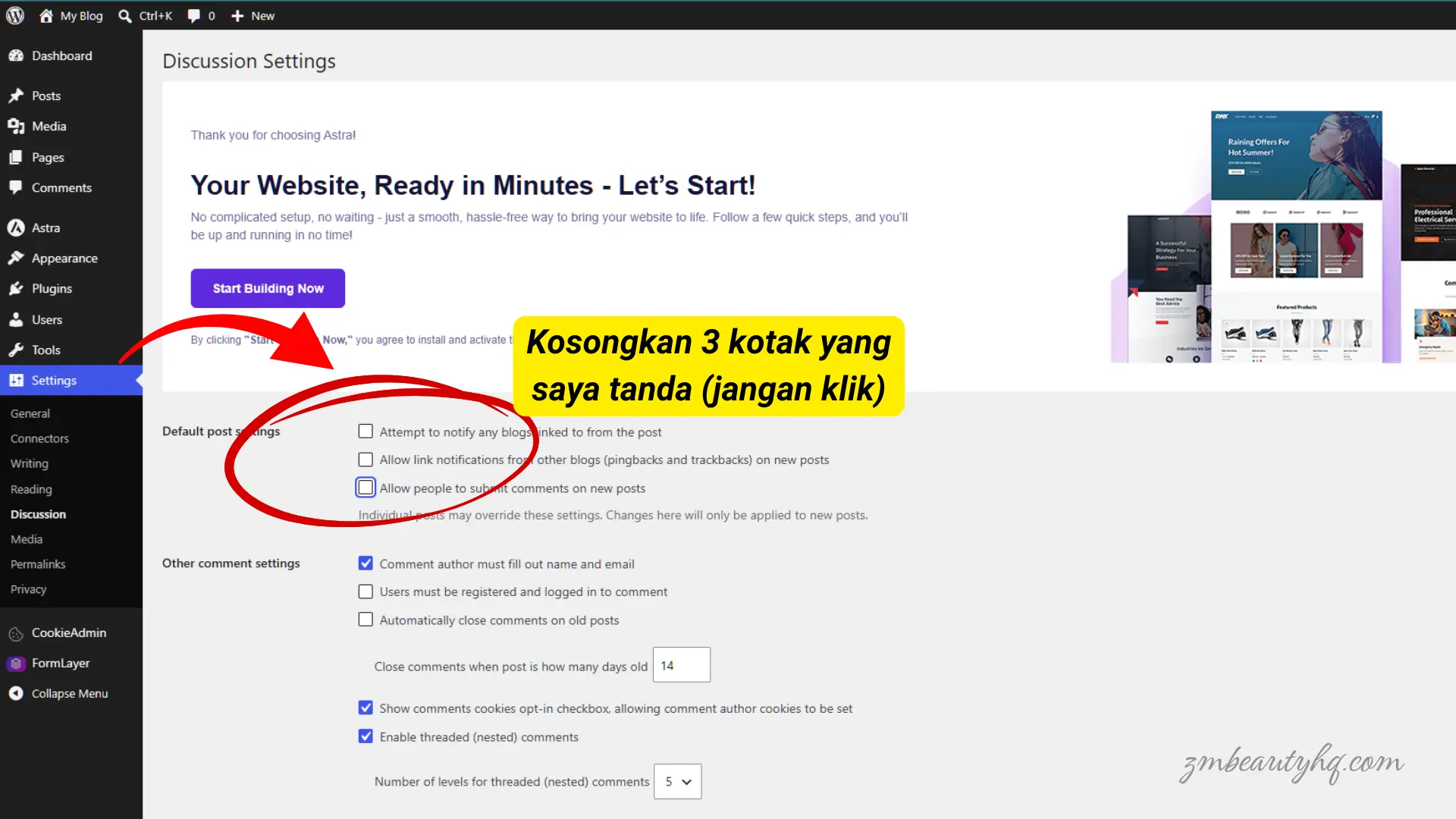 Langkah membuang tanda centang ruangan ulasan untuk tutorial Cara Tutup Komen WordPress NetKL.