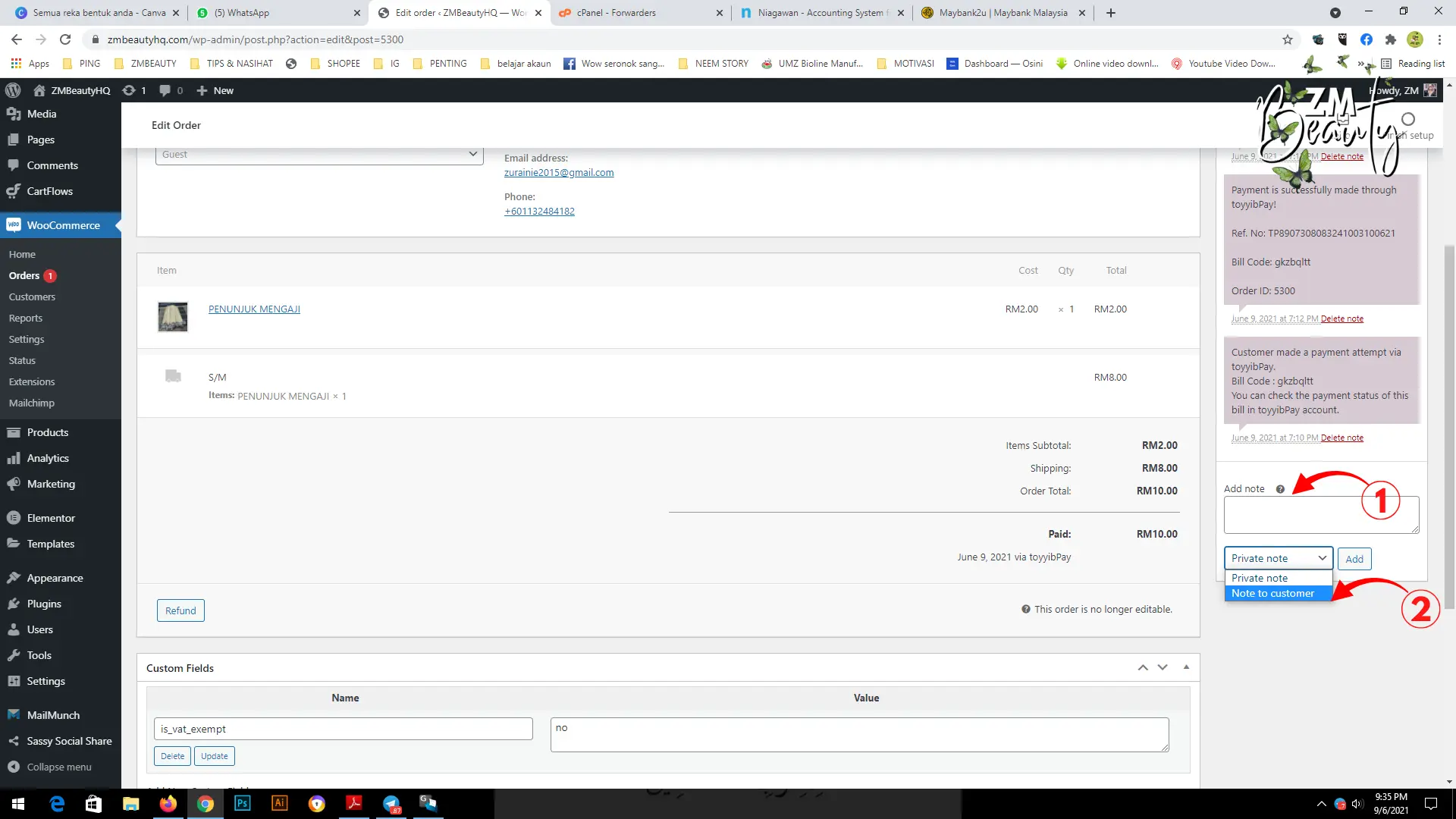 Mengubah fungsi jenis nota pelayan kepada mod pelanggan bagi Cara Update Tracking Number WooCommerce.
