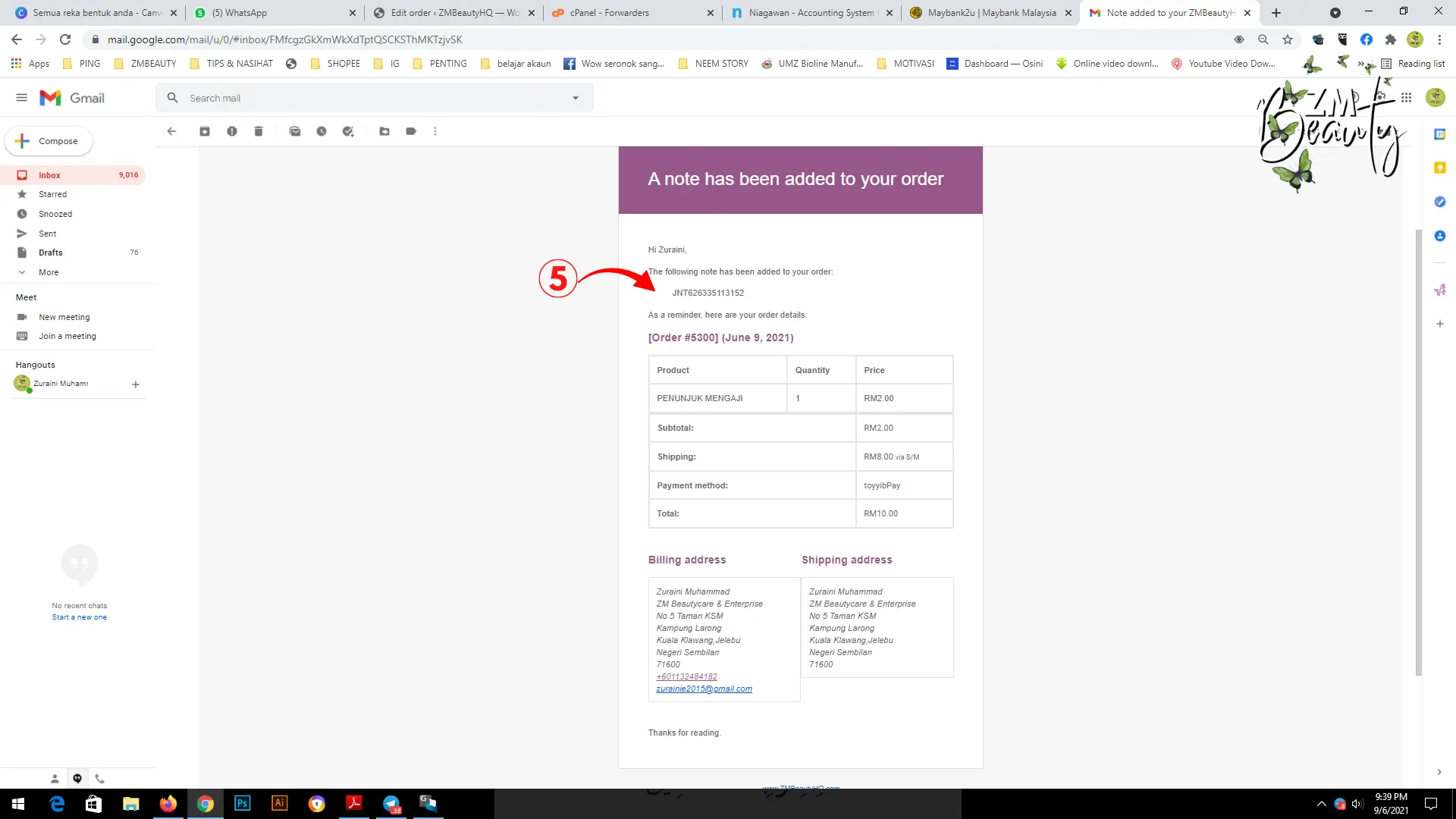 Paparan bukti emel notifikasi makluman jualan pengeposan hasil Cara Update Tracking Number WooCommerce.