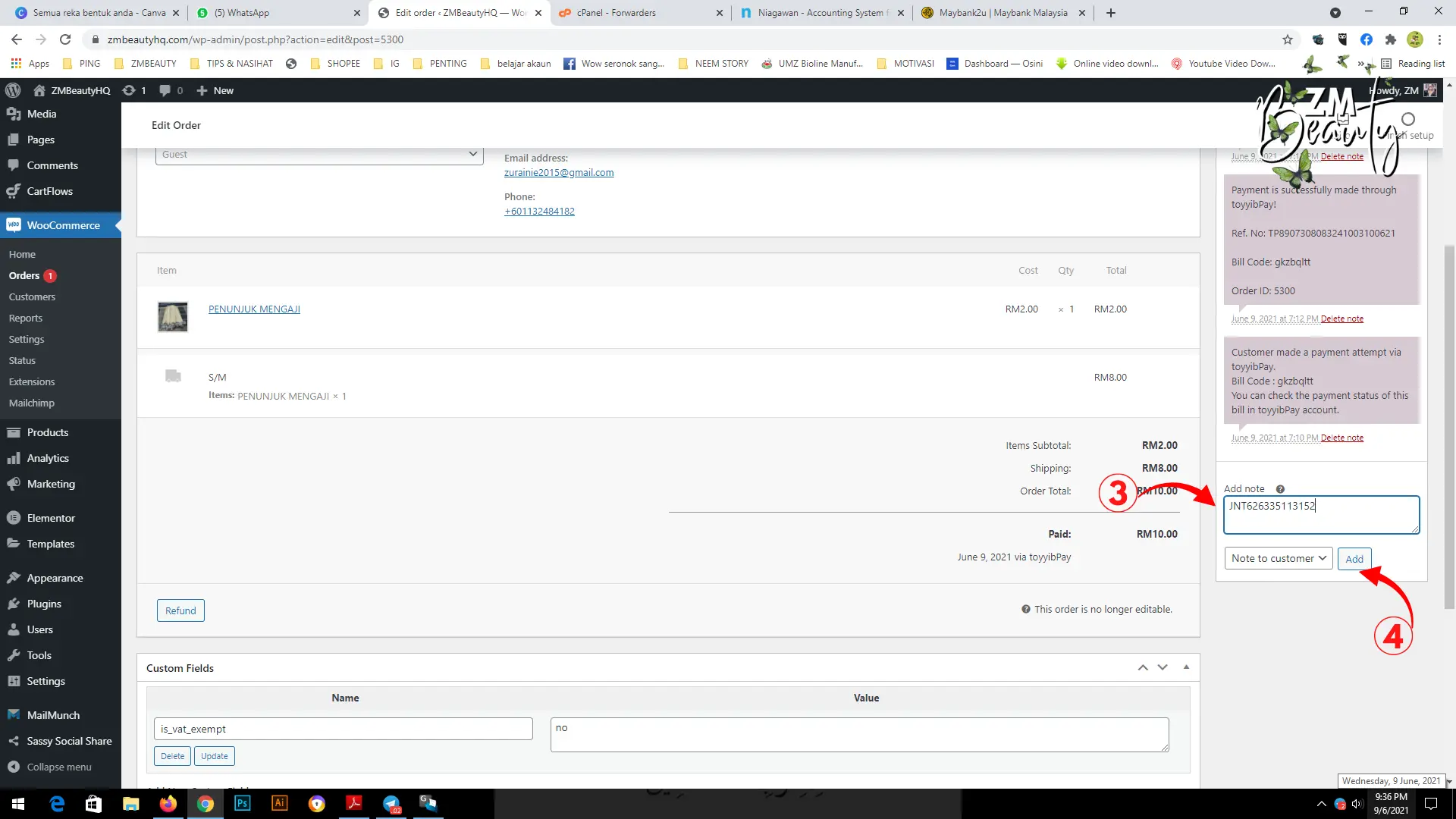 Cara memasukkan kod siri nombor penjejakan kurier jualan untuk Cara Update Tracking Number WooCommerce.