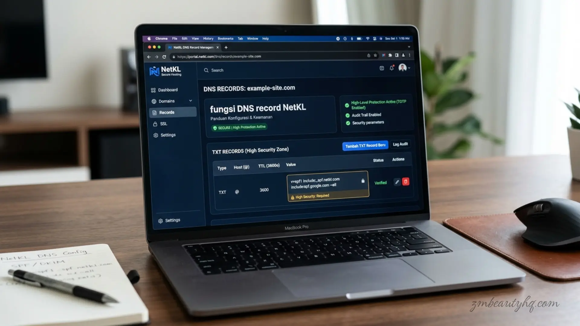 Antaramuka ruangan DNS Zone Editor tempatan untuk menguruskan parameter fungsi DNS record NetKL