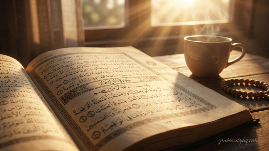 Seseorang membuka lembaran mushaf kitab suci al quran bagi mendapatkan kelebihan amalan surah al waqiah di waktu pagi.