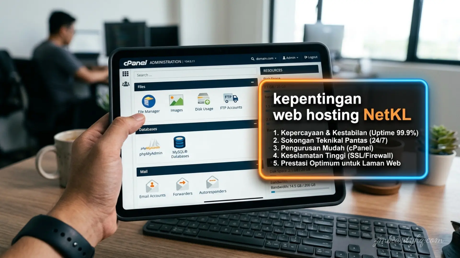Paparan antaramuka panel kawalan cPanel tempatan untuk menguruskan fungsi kepentingan web hosting NetKL.