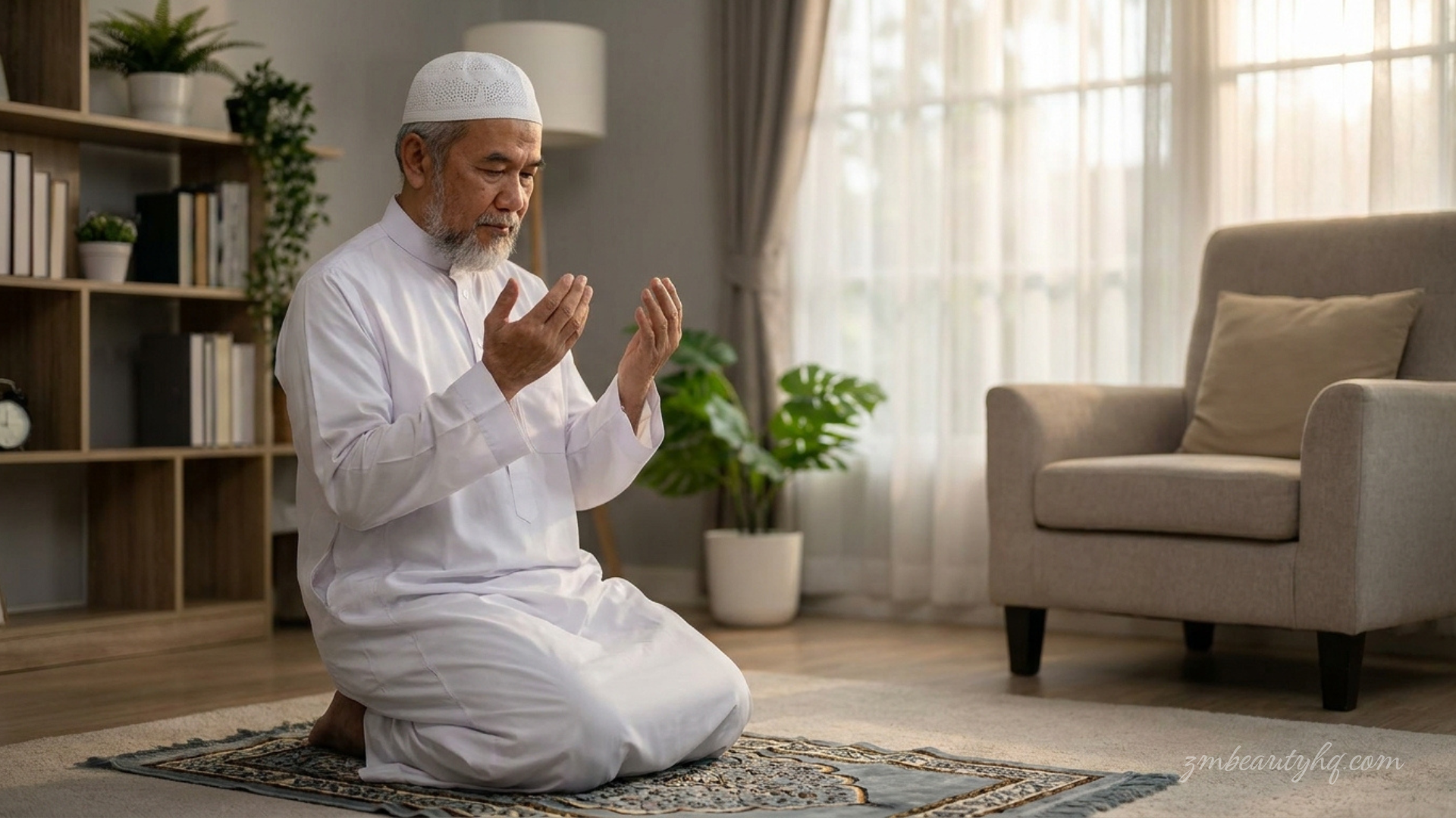 Usahawan muslim menadah tangan berdoa memohon kelancaran perniagaan internet selepas selesai membaca surah pilihan dalam menghayati Kelebihan Amalan Surah Al Waqiah