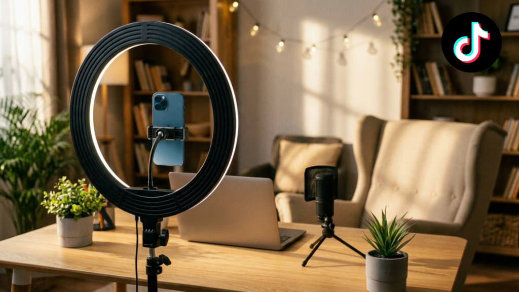 Proses merakam ulasan produk menggunakan peralatan lampu ring light mini untuk kandungan pemasaran internet kreatif.