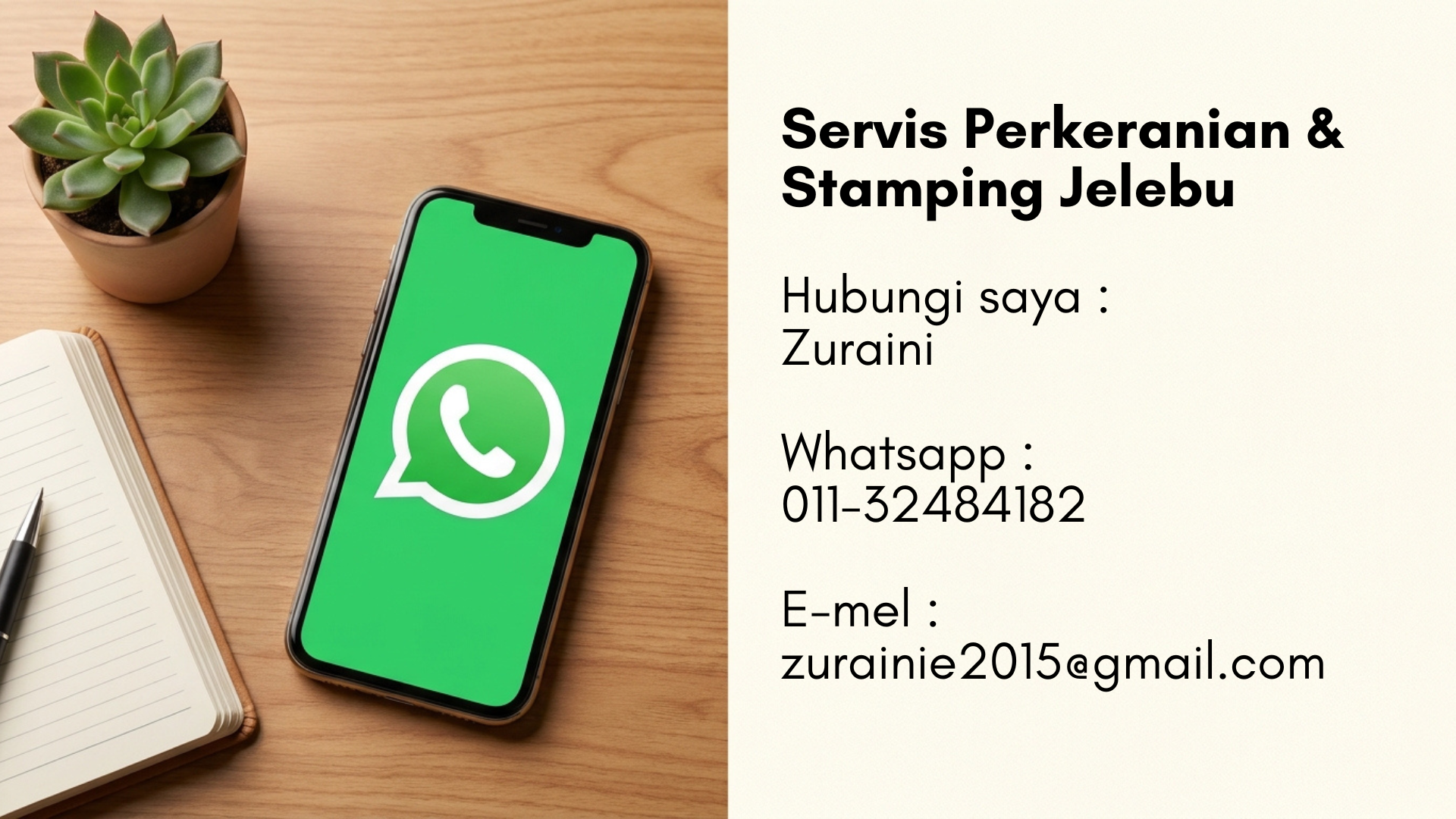 Hubungi Zuraini di talian 01132484182 untuk servis perkeranian, taip surat dan stamping LHDN area Jelebu.