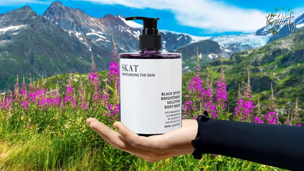 Botol gel mandian SKAT Black Opium Body Wash di atas kaunter bilik mandi mewah
